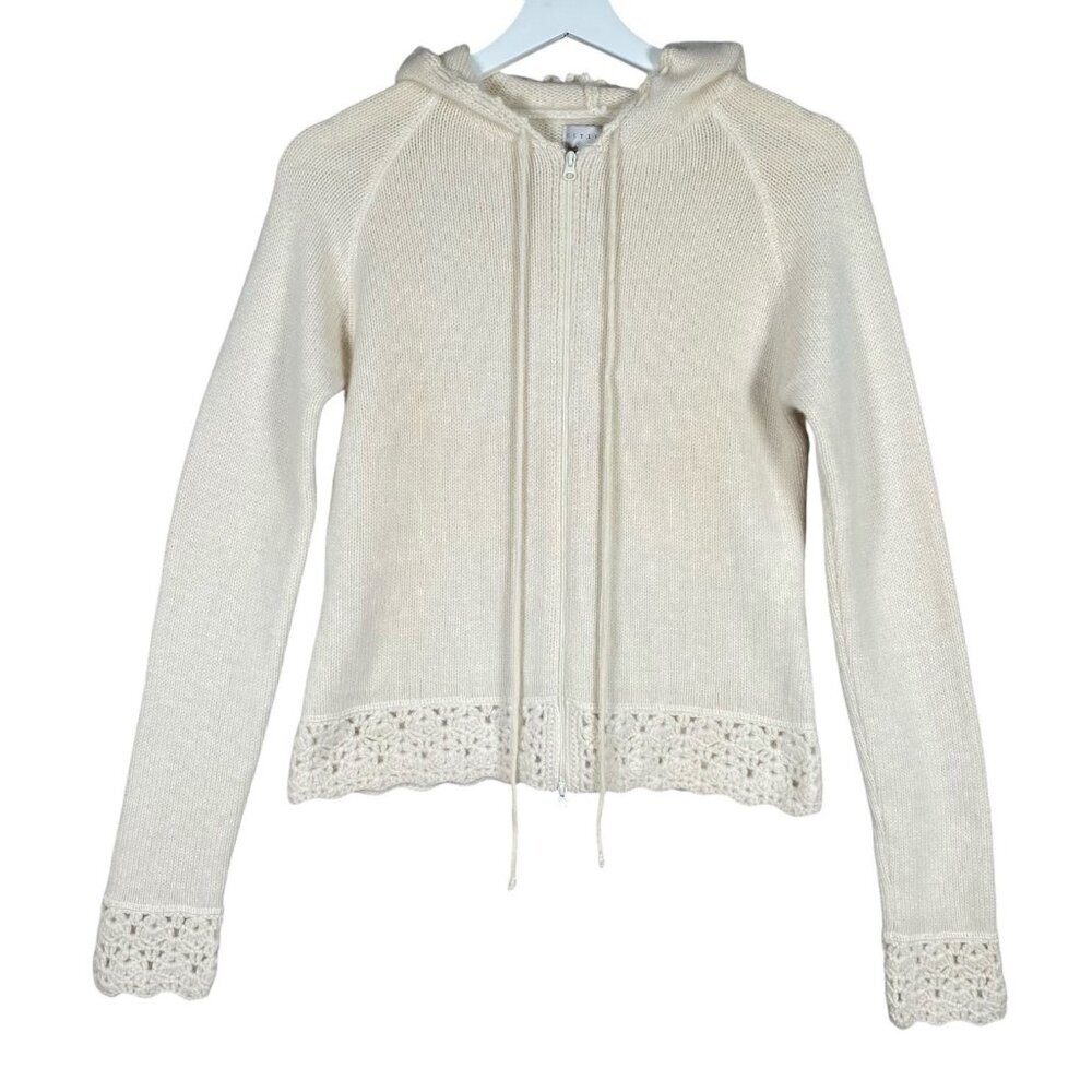 Fitigues 100% Cashmere Sweater Women’s M Crochet Detail Full Zip Hooded Ivory